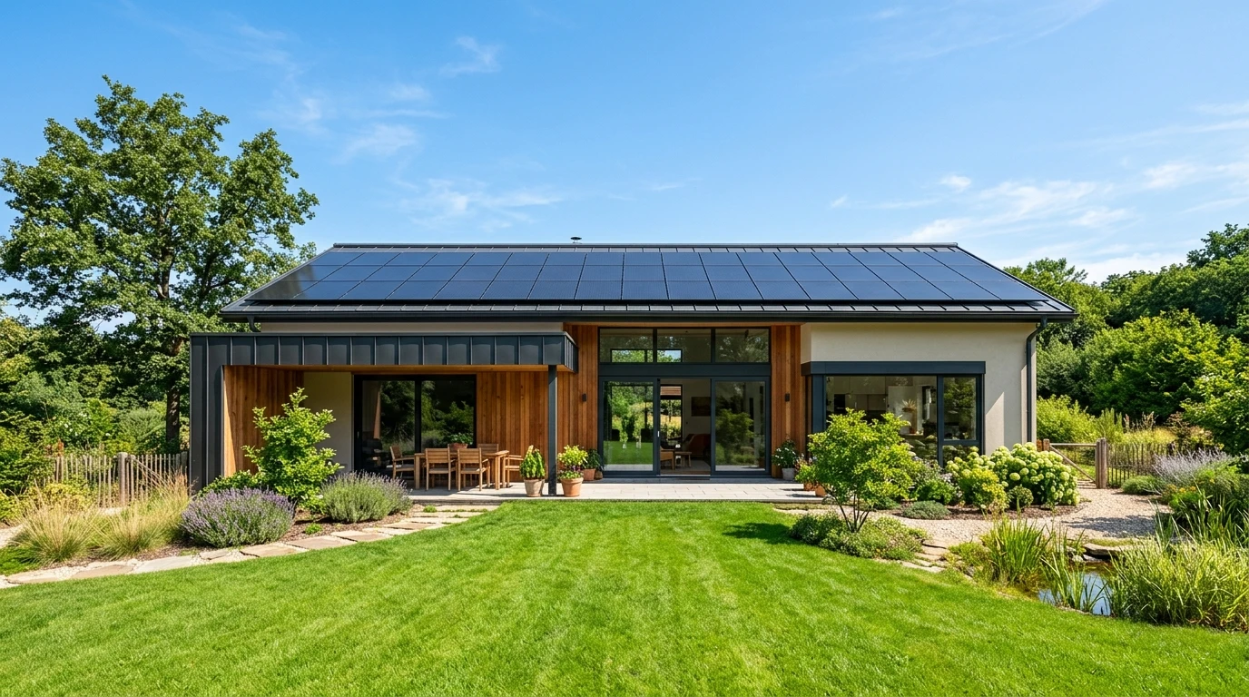 Modern residential solar power installation with rooftop panels